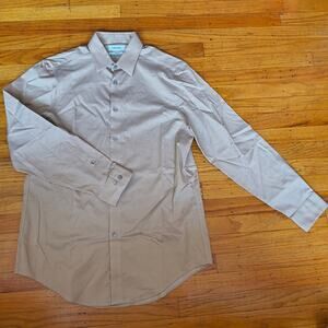 Calvin Klein Men's M 15 1/2 X 32/33 Slim Fit Tan Long Sleeve Button Up Shirt
